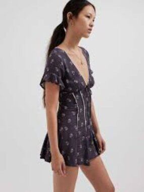 Kimchi Blue Black Floral Short Sleeve Romper with Lace Trim